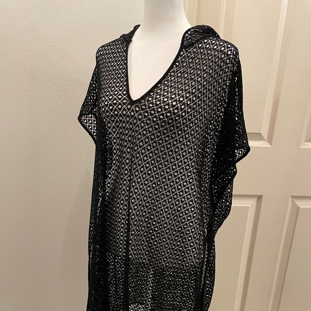 Black lace coverup V neck with hood